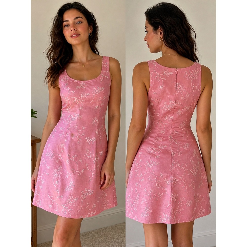 Ann Taylor Petites Pink Embroidered Raw Silk Sheath Dress Floral 2P Sleeveless